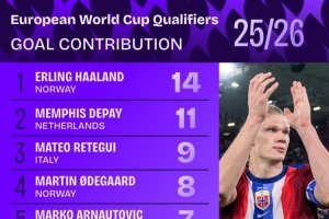 本屆歐洲世預(yù)賽參與進球榜：哈蘭德14球居首，德佩11球次席