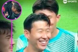 可愛對(duì)陣巴拉圭合影環(huán)節(jié)，孫興慜與SONNY發(fā)型的小球迷打招呼