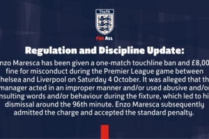 官方：馬雷斯卡因對陣利物浦染紅，被禁賽一場+罰款8000英鎊