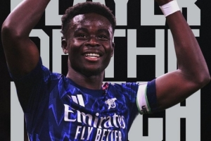 官方：薩卡當選阿森納1-0富勒姆隊內(nèi)全場最佳