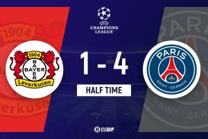 半場-巴黎暫4-1勒沃庫森 安德里希、扎巴爾尼染紅K77傳射杜埃雙響