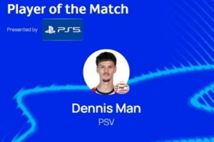 梅開二度，歐冠官方：丹尼斯-曼當(dāng)選埃因霍溫6-2那不勒斯全場(chǎng)最佳