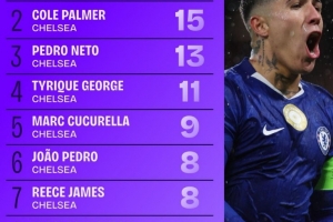 切爾西2025年各項賽事參與進球榜：恩佐20球居首，帕爾默次席