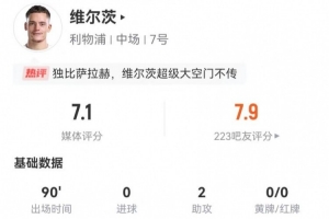 維爾茨本場2助攻+4關鍵傳球 15丟失球權 8對抗2成功 獲評7.1分