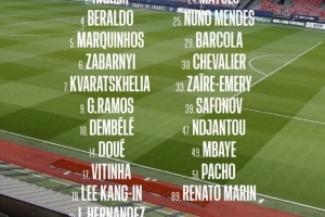 巴黎本輪法甲大名單：登貝萊、K77領(lǐng)銜，內(nèi)維斯、法比安傷缺