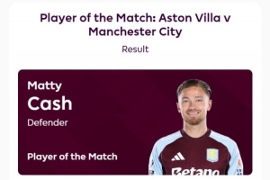 打進(jìn)制勝球，卡什當(dāng)選維拉vs曼城全場(chǎng)最佳球員