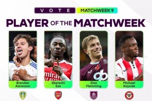 英超官方評(píng)第9輪最佳球員候選：埃澤、姆伯莫領(lǐng)銜，范德芬在列