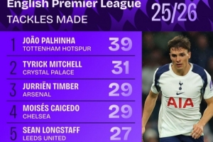 本賽季英超搶斷榜：帕利尼亞壓米切爾居首，廷伯、凱塞多列前四