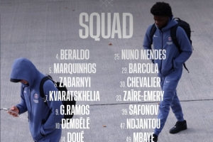 巴黎客戰(zhàn)洛里昂大名單：登貝萊領銜鋒線，馬爾基尼奧斯坐鎮(zhèn)后防