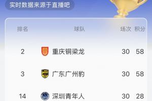 中甲實時積分榜：按目前比分銅梁龍將升超，廣州豹第3，平果降級