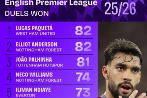 本賽季英超成功對抗榜：帕奎塔、安德森、帕利尼亞分列前三