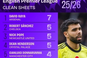拉亞7場零封是本賽季英超門將最多，杜布拉夫卡46次撲救最多