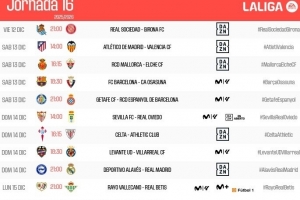 西甲第16輪時(shí)間：巴薩12月14日01:30對(duì)陣奧薩蘇納，皇馬15日出戰(zhàn)