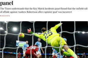 誤判！泰晤士報：英超專家組裁定，范戴克對曼城進(jìn)球應(yīng)判有效