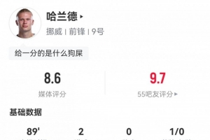2分鐘2球！哈蘭德數(shù)據(jù)：2射2正2進球，5次成功對抗，評分8.6