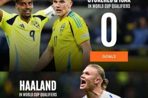 檔次差距？哈蘭德8場16球頭名進(jìn)世界杯，瑞典2.7億鋒線4場1球墊底