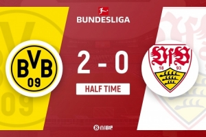 半場-多特蒙德2-0斯圖加特 埃姆雷·詹點(diǎn)射破門拜爾補(bǔ)射