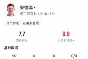 閃耀安菲爾德！安德森數(shù)據(jù)：3次關鍵傳球，長傳成功率57.1%