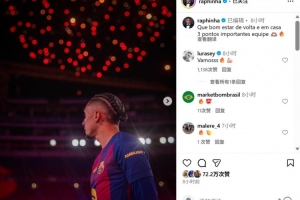 諾坎普首戰(zhàn)傷愈回歸，拉菲尼亞社媒紀(jì)念：回到家的感覺真好！